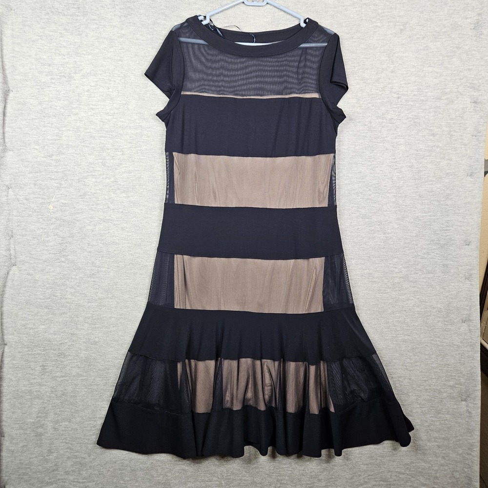 R&M Richards Women's Striped Mesh Panel Flared Short Sleeve Layer Dress Size 14